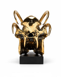 Babirusa-Schädel aus polierter Bronze auf schwarzem Sockel, Ansicht von hinten
