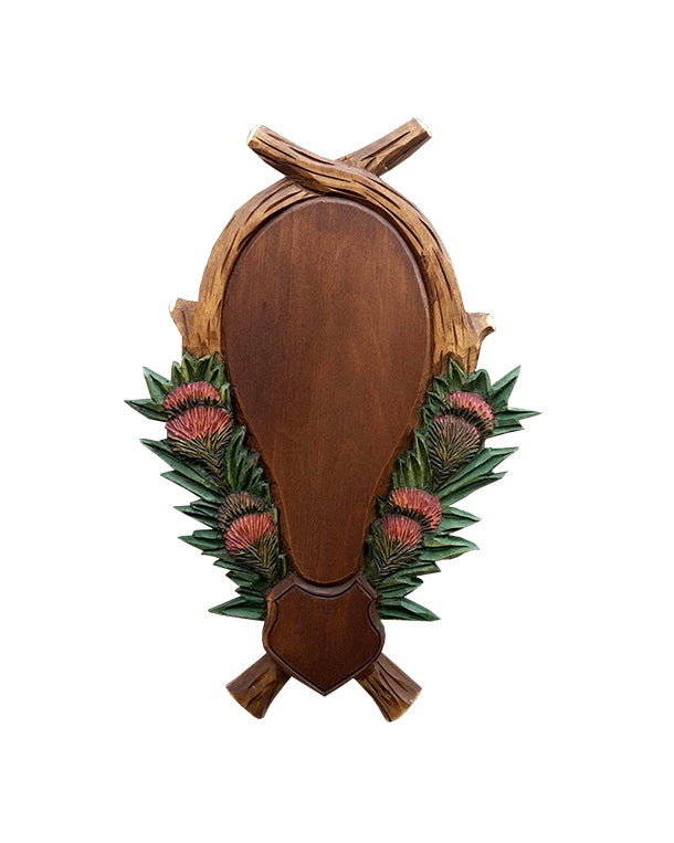 Carved linden wood shield for deer trophies (thistle) 