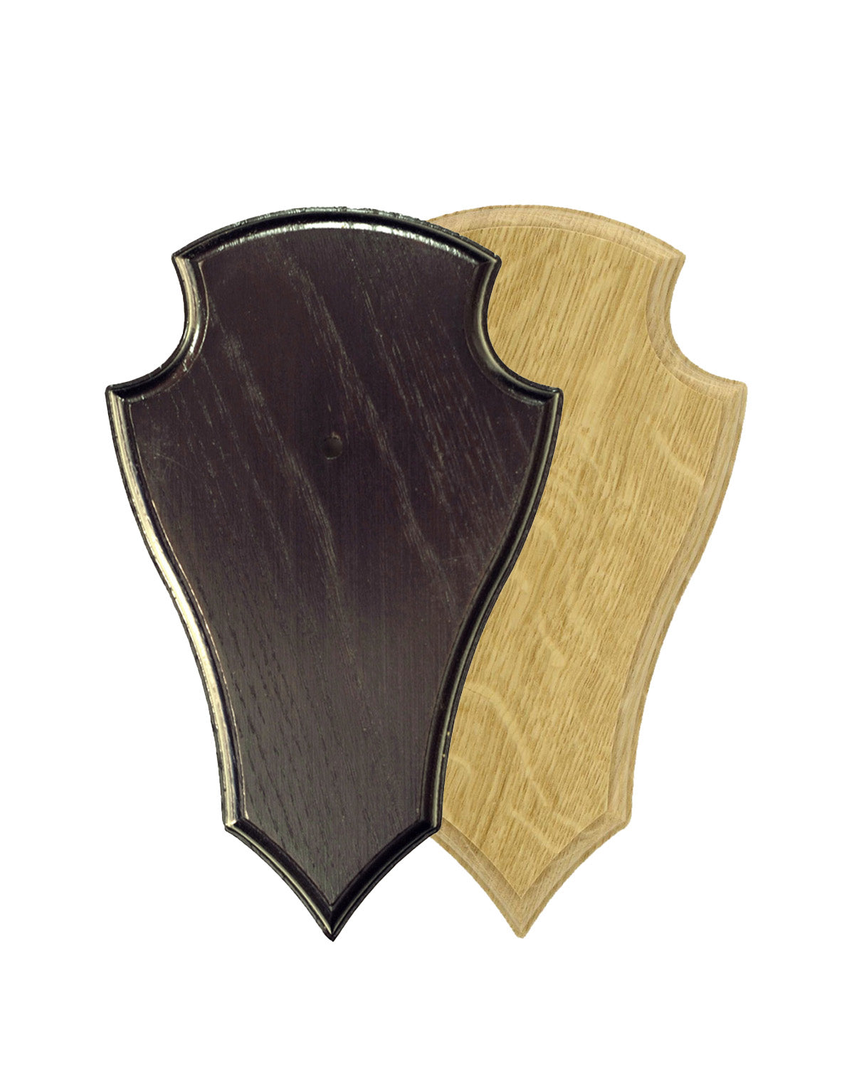 Wappenförmiges Trophäenschild Set aus hochwertigem gefrästem Eichenholz für Rehbock- und Gams-Trophäen – moderne Jagddekoration.