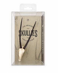 SKULLIES Miniatur-Oryxschädel mit langen schwarzen Hörnern in Draufsicht auf weissem Hintergrund
