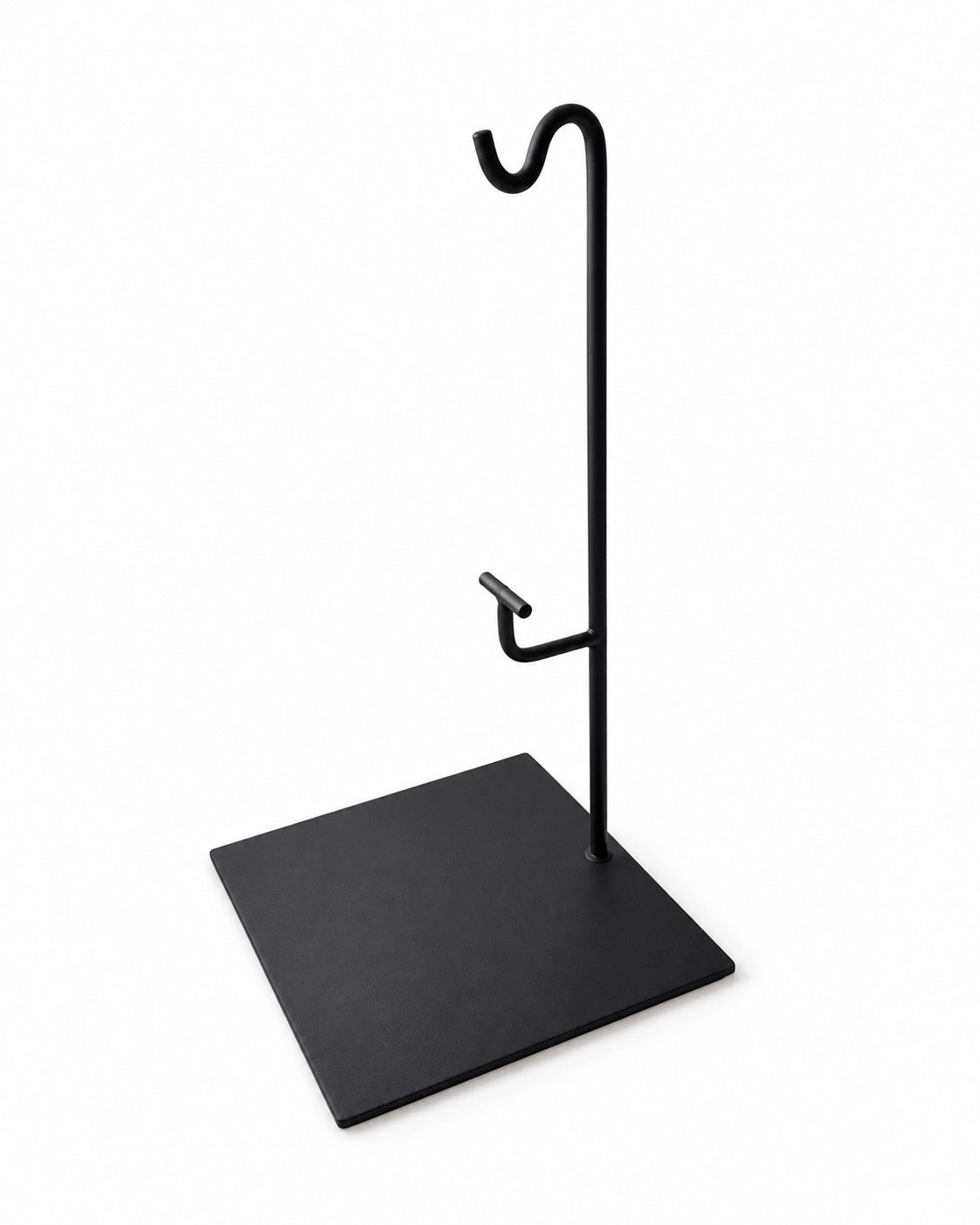Schwarze Tischhalterung für grosse Schädel mit quadratischer Stahlplatte, Schrägansicht