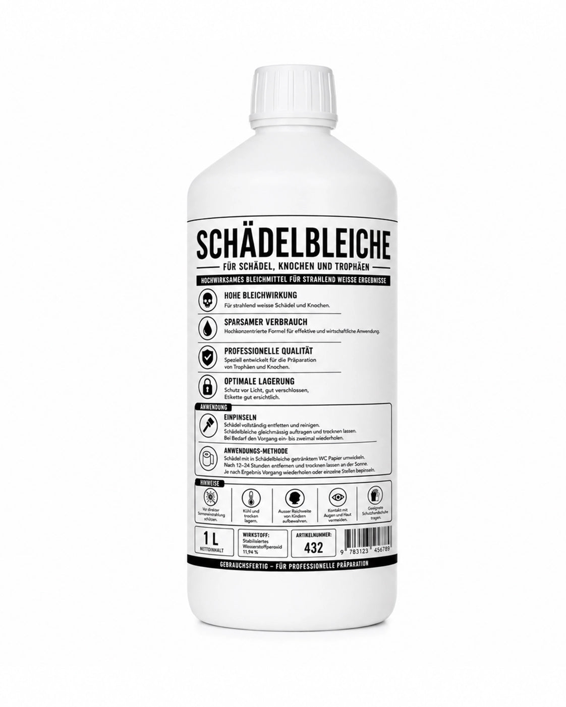 Professionelle Schädelbleiche oder Trophäenbleiche mit 11,94 % Wasserstoffperoxid.