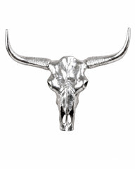 Silberner Longhorn Schädel aus Aluminium als moderne Wanddekoration.