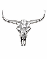 Silberner Longhorn Schädel aus Aluminium als moderne Wanddekoration.